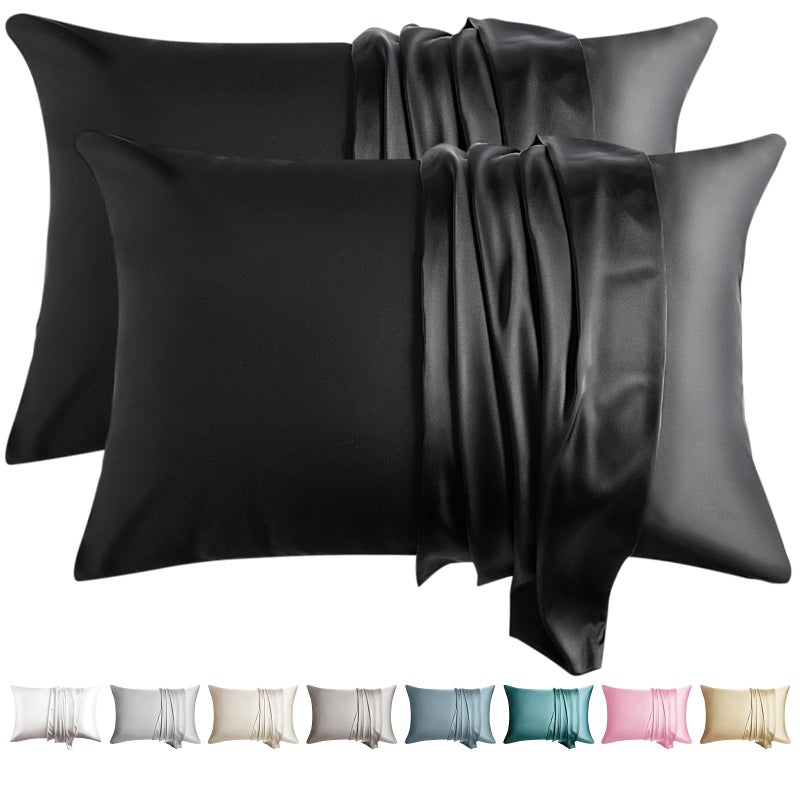 WLOSJ 100% Silk Pillow Cases 2 Pack Queen Size Mulberry Silk Pillowcase for Hair and Skin Set of 2 Highest Grade 6A Silk Soft Breathable Cooling with Hidden Zipper  Black - Image 1